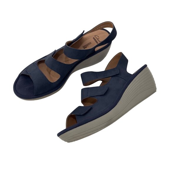 Clarks Navy Blue Nubuck Adjustable Strap Wedge Sandals Women Size 9.5M Comfort - Picture 5 of 14